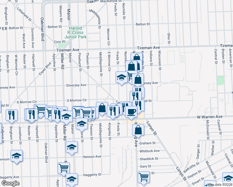 map of restaurants, bars, coffee shops, grocery stores, and more near 7451 Freda Street in Dearborn