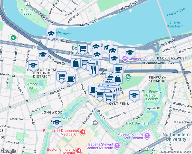 map of restaurants, bars, coffee shops, grocery stores, and more near 9 Miner Street in Boston