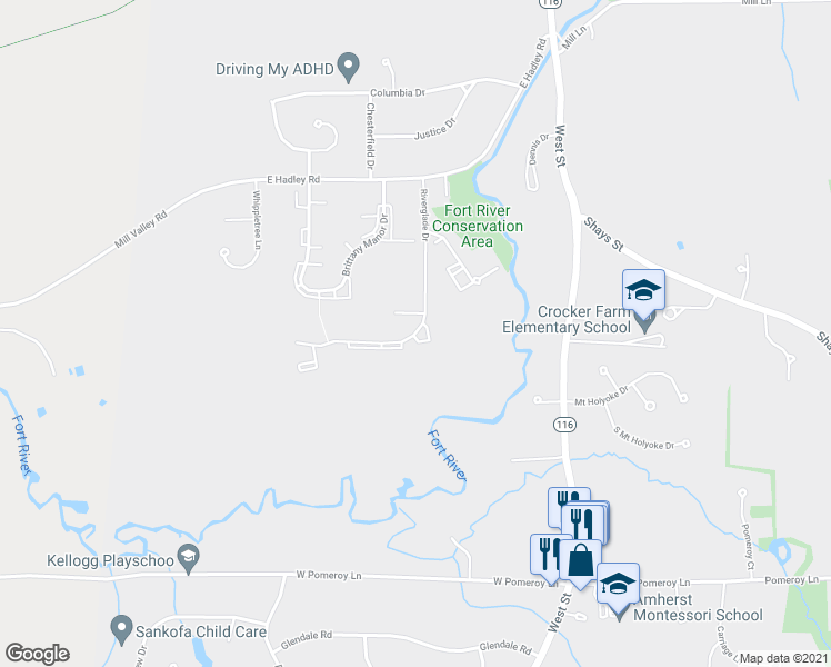 map of restaurants, bars, coffee shops, grocery stores, and more near 760 Riverglade Drive in Amherst