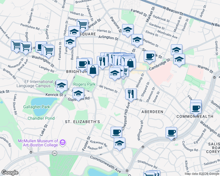 map of restaurants, bars, coffee shops, grocery stores, and more near 29 Mt Vernon St in Brighton