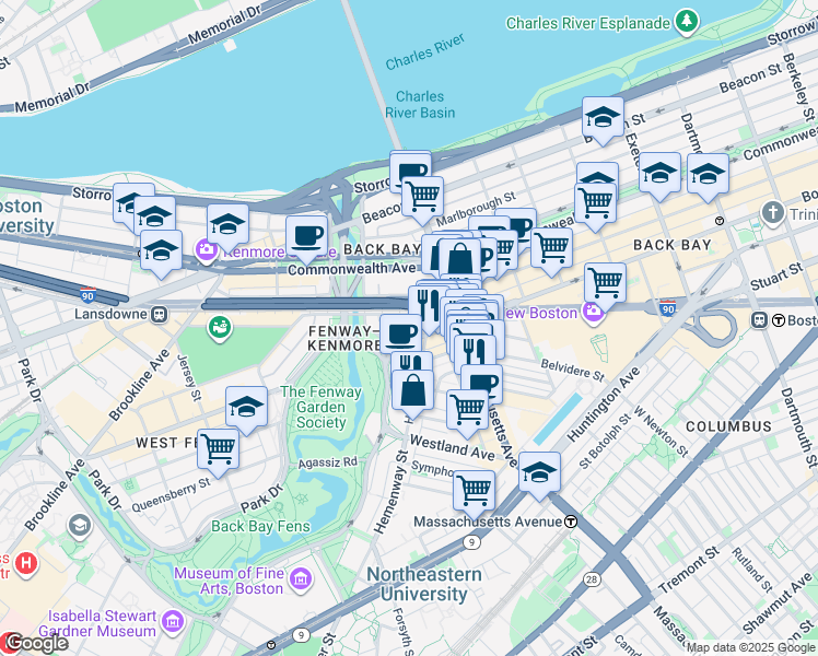 map of restaurants, bars, coffee shops, grocery stores, and more near in Boston