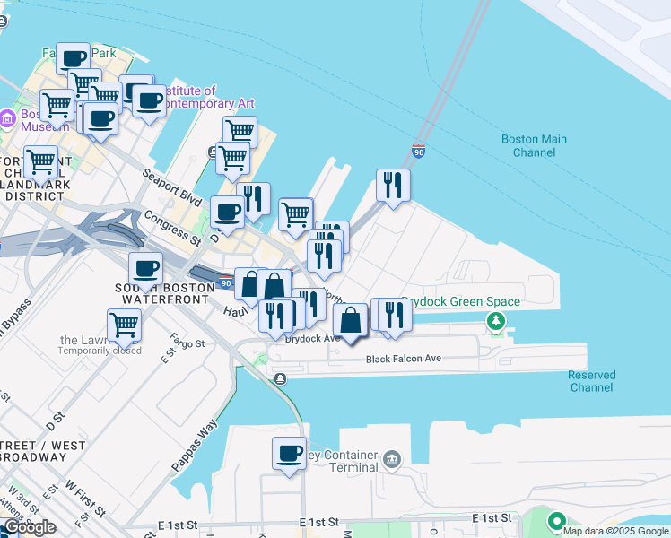 map of restaurants, bars, coffee shops, grocery stores, and more near 316 Northern Avenue in Boston