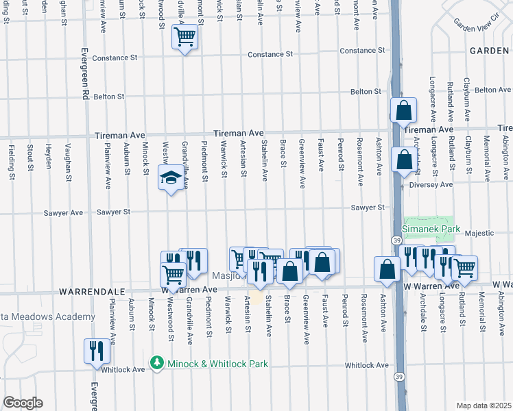 map of restaurants, bars, coffee shops, grocery stores, and more near 7425 Stahelin Avenue in Detroit