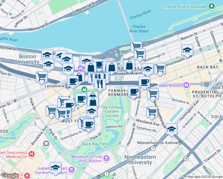 map of restaurants, bars, coffee shops, grocery stores, and more near 1179 Boylston Street in Boston