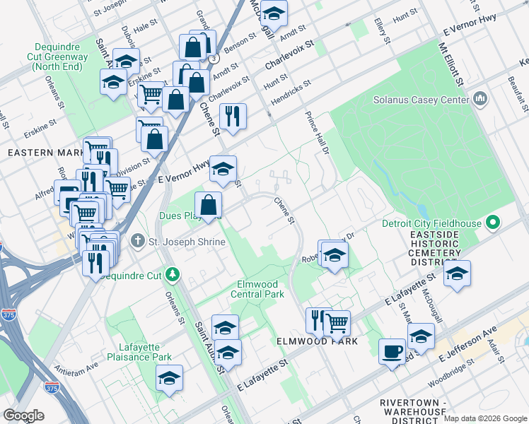 map of restaurants, bars, coffee shops, grocery stores, and more near 2001 Chene Street in Detroit