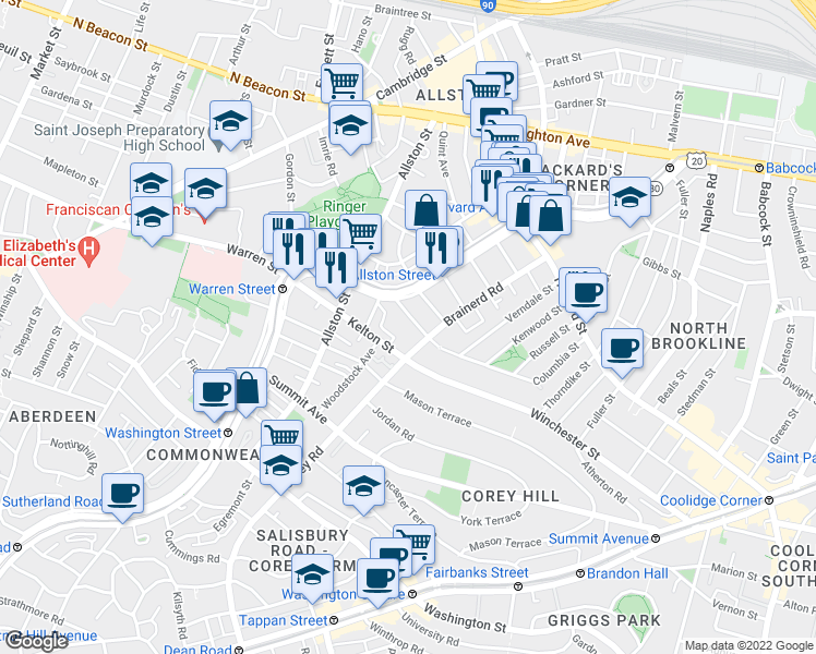 map of restaurants, bars, coffee shops, grocery stores, and more near 239 Kelton Street in Boston