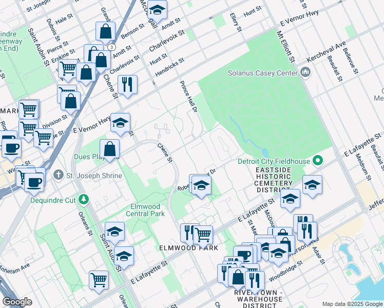 map of restaurants, bars, coffee shops, grocery stores, and more near 1900 Chene in Detroit