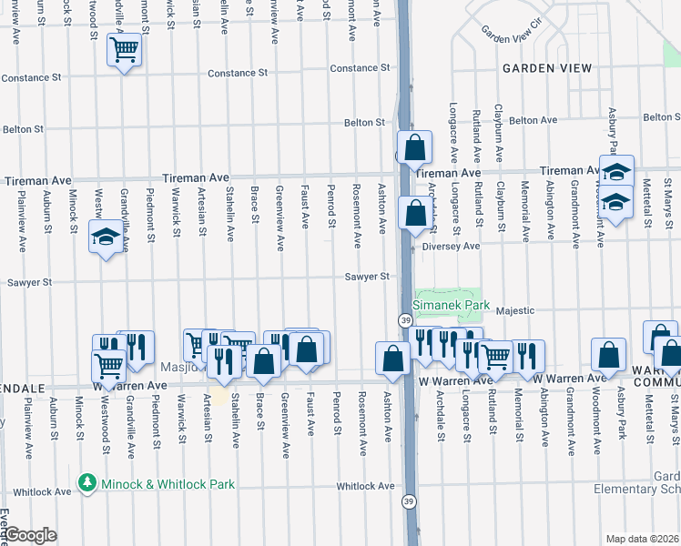 map of restaurants, bars, coffee shops, grocery stores, and more near 7425 Penrod Street in Detroit