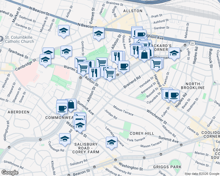 map of restaurants, bars, coffee shops, grocery stores, and more near 239 Kelton Street in Boston