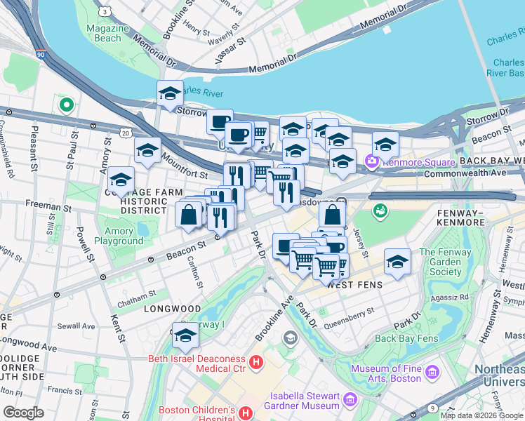 map of restaurants, bars, coffee shops, grocery stores, and more near 880 Beacon Street in Boston