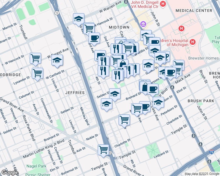 map of restaurants, bars, coffee shops, grocery stores, and more near 950 John C Lodge Service Drive in Detroit