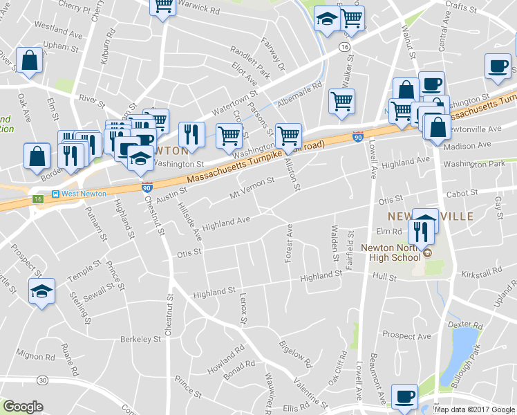map of restaurants, bars, coffee shops, grocery stores, and more near 23 Forest Avenue in Newton