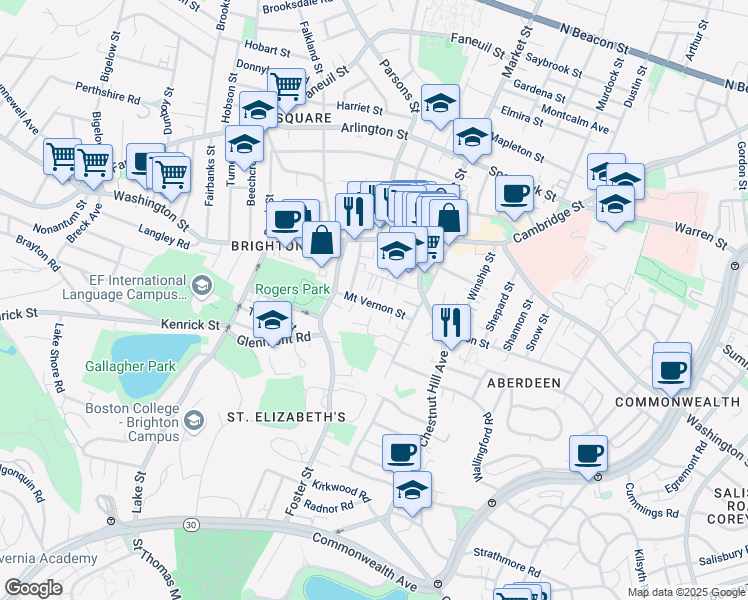 map of restaurants, bars, coffee shops, grocery stores, and more near 1 Delany Circle in Boston