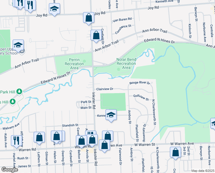 map of restaurants, bars, coffee shops, grocery stores, and more near 27223 Clairview Drive in Dearborn Heights
