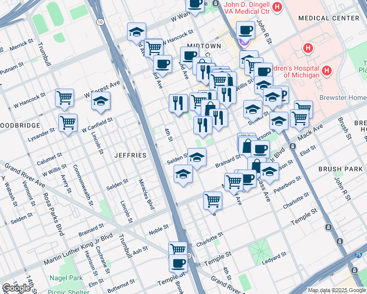 map of restaurants, bars, coffee shops, grocery stores, and more near 950 John C Lodge Service Drive in Detroit