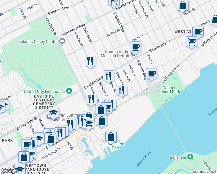 map of restaurants, bars, coffee shops, grocery stores, and more near 535 Beaufait Street in Detroit