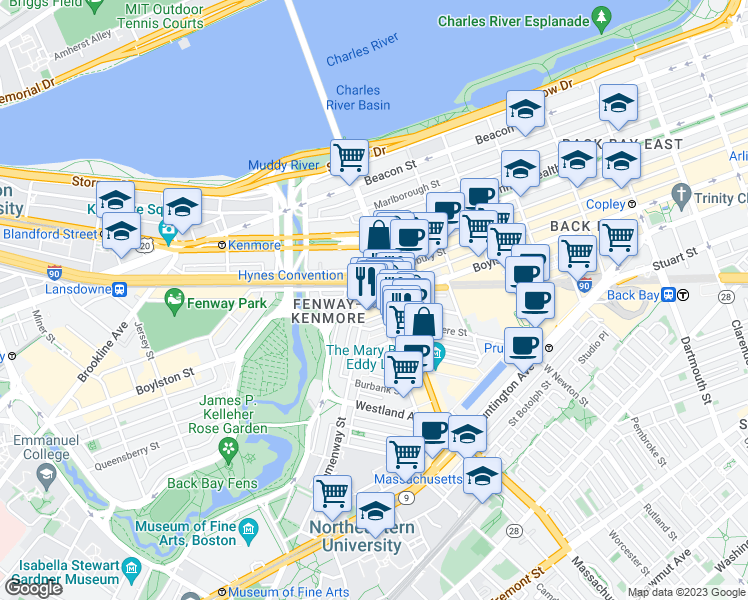 map of restaurants, bars, coffee shops, grocery stores, and more near in Boston