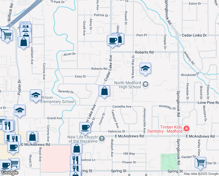 map of restaurants, bars, coffee shops, grocery stores, and more near 1800 Crater Lake Avenue in Medford