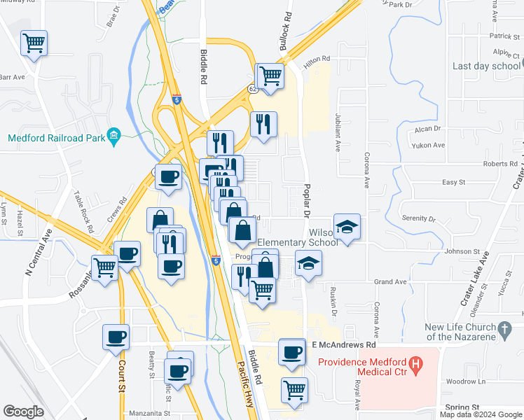 map of restaurants, bars, coffee shops, grocery stores, and more near 1122 Morrow Road in Medford