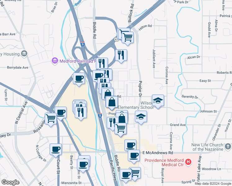 map of restaurants, bars, coffee shops, grocery stores, and more near 1122 Morrow Road in Medford