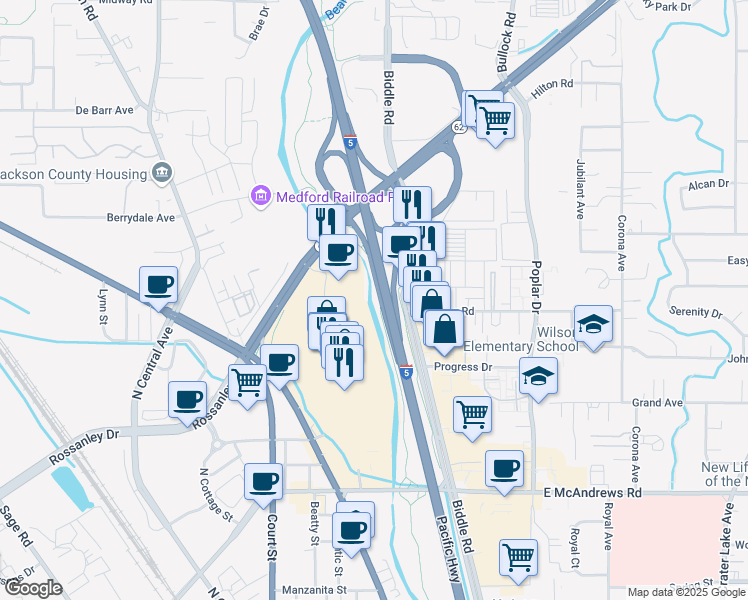map of restaurants, bars, coffee shops, grocery stores, and more near Crater Lake Hwy in Medford