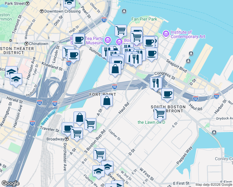 map of restaurants, bars, coffee shops, grocery stores, and more near 35 Channel Center Street in Boston