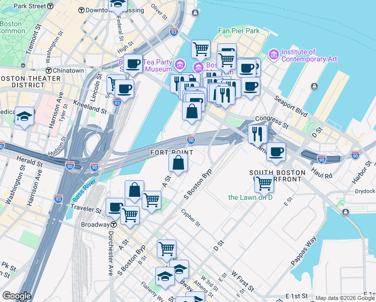 map of restaurants, bars, coffee shops, grocery stores, and more near 35 Channel Center Street in Boston