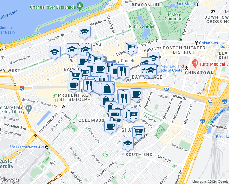 map of restaurants, bars, coffee shops, grocery stores, and more near in Boston