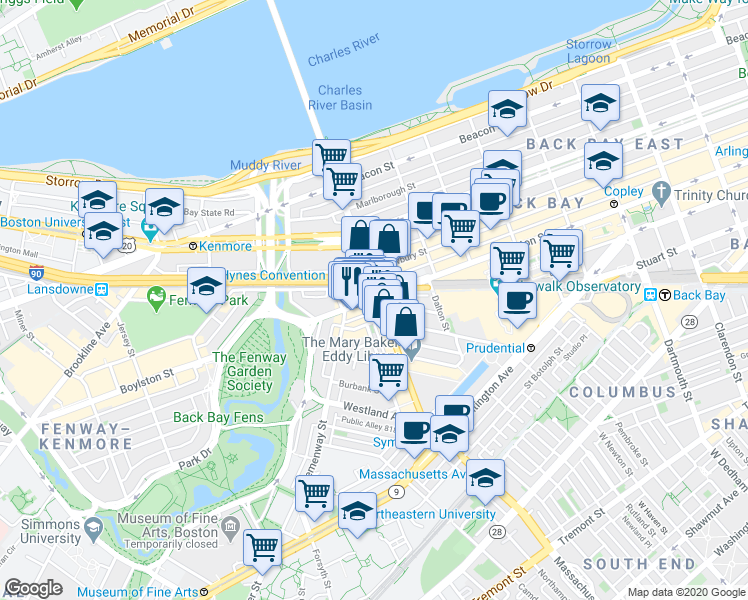 map of restaurants, bars, coffee shops, grocery stores, and more near in Boston