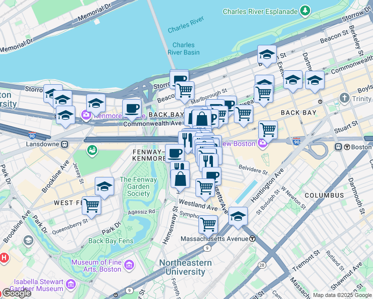 map of restaurants, bars, coffee shops, grocery stores, and more near in Boston