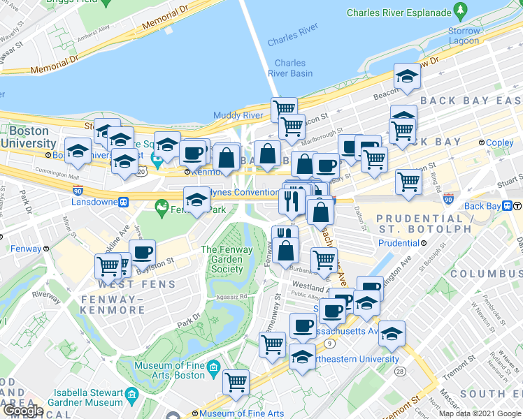 map of restaurants, bars, coffee shops, grocery stores, and more near in Boston