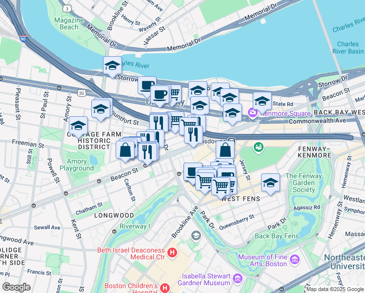 map of restaurants, bars, coffee shops, grocery stores, and more near 880 Beacon Street in Boston