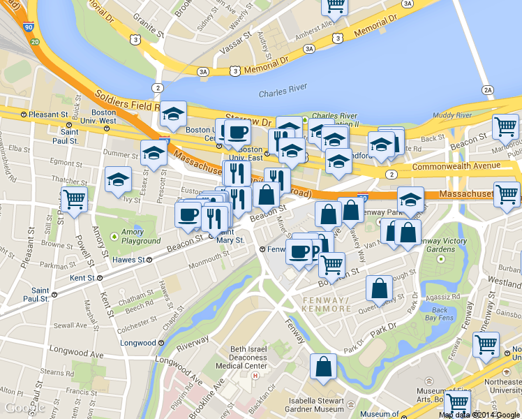 map of restaurants, bars, coffee shops, grocery stores, and more near 880 Beacon Street in Boston