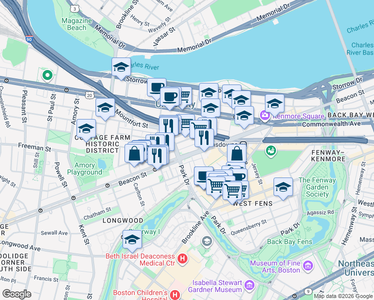 map of restaurants, bars, coffee shops, grocery stores, and more near 880 Beacon Street in Boston