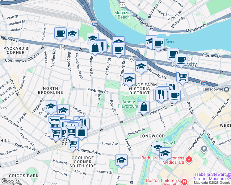 map of restaurants, bars, coffee shops, grocery stores, and more near 64 Amory Street in Brookline