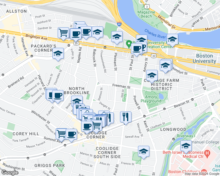 map of restaurants, bars, coffee shops, grocery stores, and more near 107 Browne Street in Brookline
