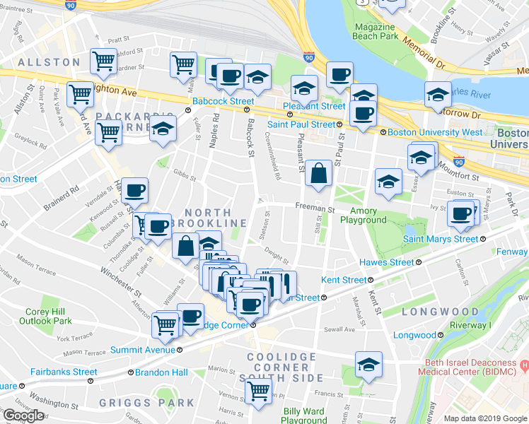 map of restaurants, bars, coffee shops, grocery stores, and more near 99 Babcock Street in Brookline