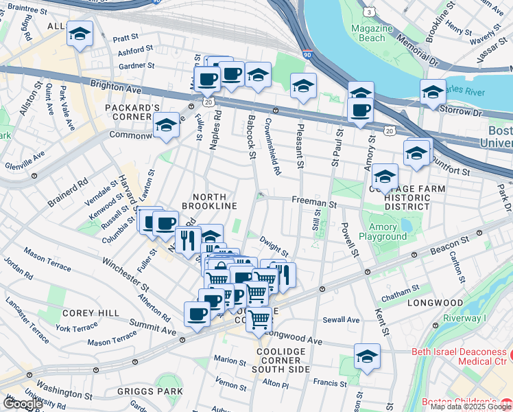 map of restaurants, bars, coffee shops, grocery stores, and more near 99 Babcock Street in Brookline