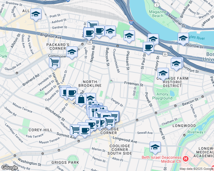 map of restaurants, bars, coffee shops, grocery stores, and more near 99 Babcock Street in Brookline