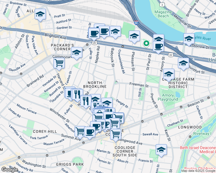 map of restaurants, bars, coffee shops, grocery stores, and more near 75 Stedman Street in Brookline