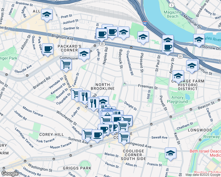 map of restaurants, bars, coffee shops, grocery stores, and more near 75 Stedman Street in Brookline