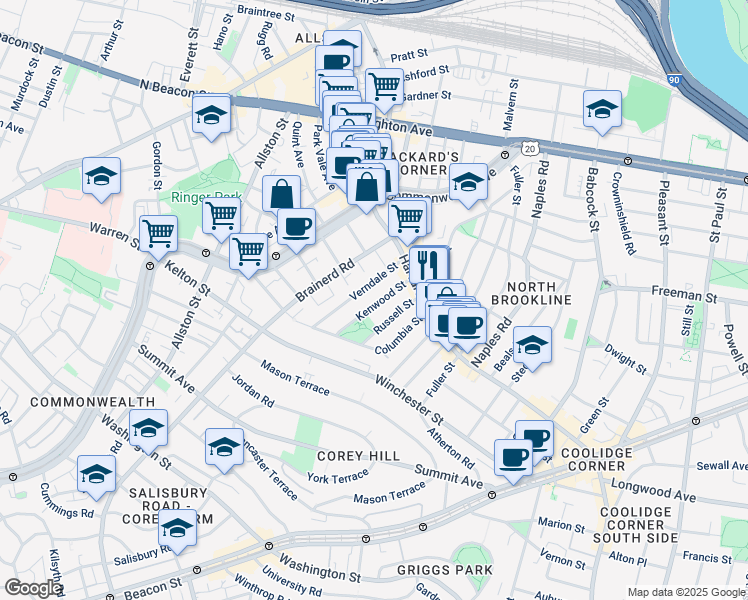 map of restaurants, bars, coffee shops, grocery stores, and more near in Brookline