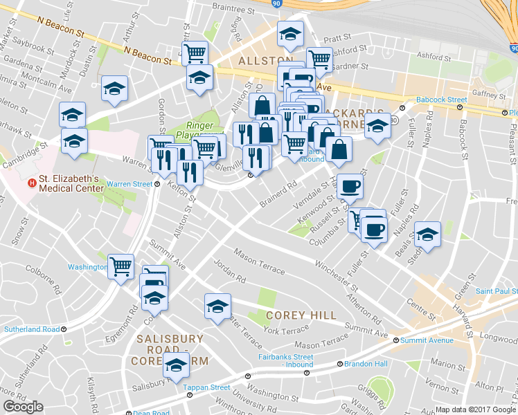 map of restaurants, bars, coffee shops, grocery stores, and more near 33 Walbridge Street in Boston