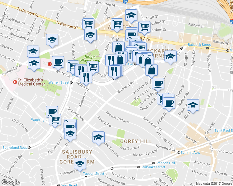 map of restaurants, bars, coffee shops, grocery stores, and more near in Boston