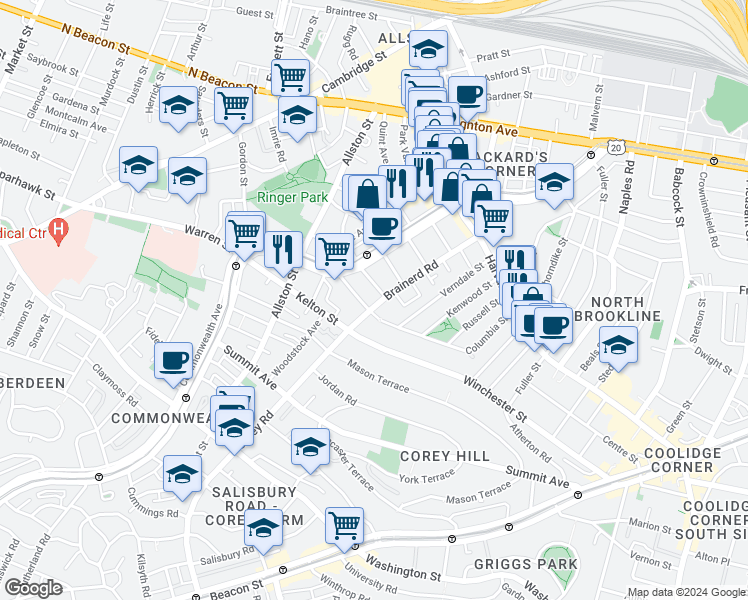 map of restaurants, bars, coffee shops, grocery stores, and more near in Boston