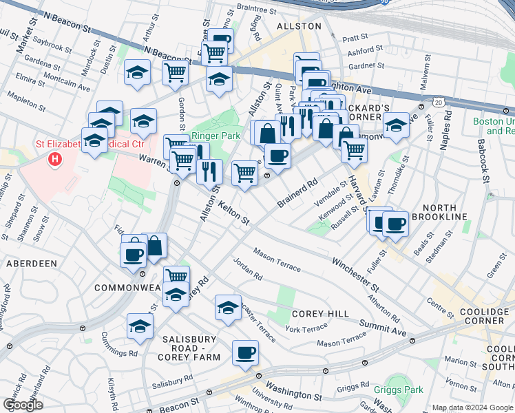 map of restaurants, bars, coffee shops, grocery stores, and more near 239 Kelton Street in Boston