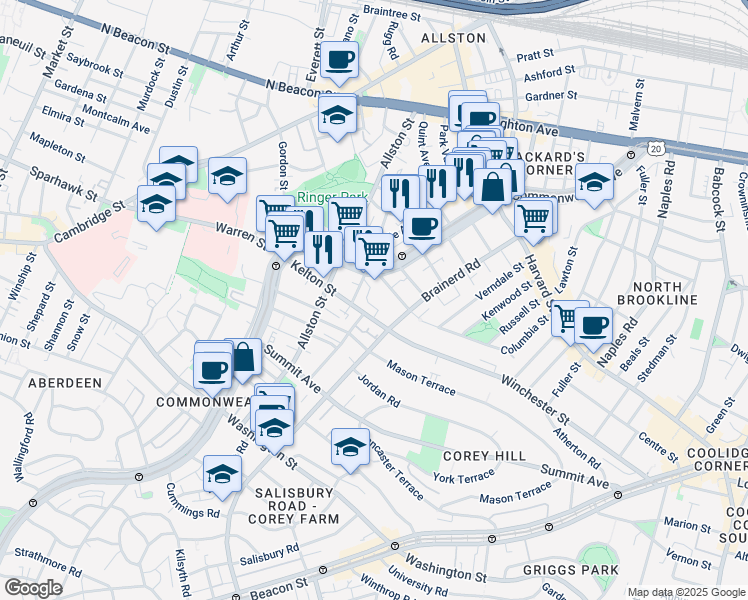 map of restaurants, bars, coffee shops, grocery stores, and more near 239 Kelton Street in Boston