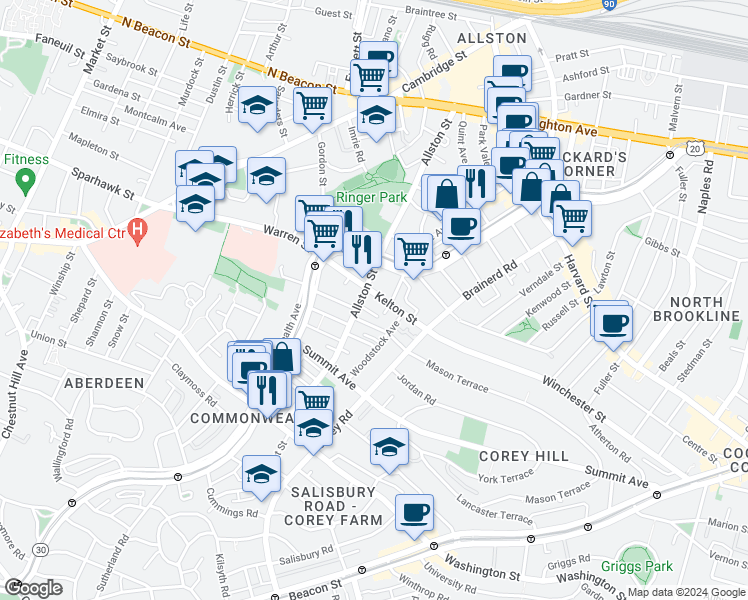 map of restaurants, bars, coffee shops, grocery stores, and more near in 