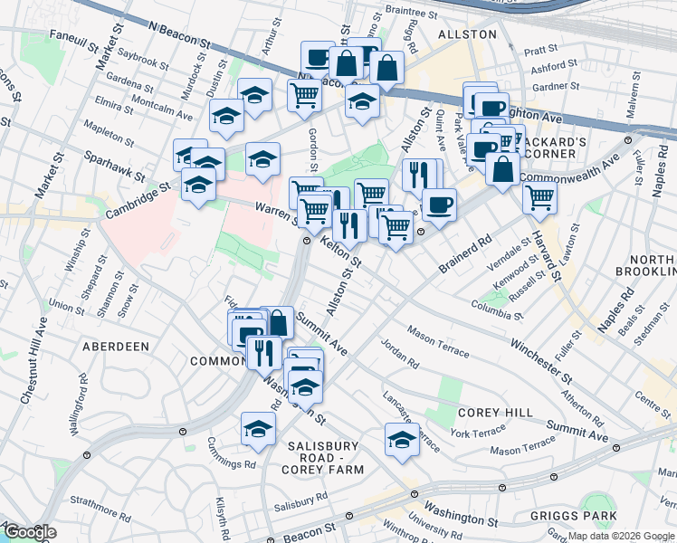 map of restaurants, bars, coffee shops, grocery stores, and more near in Boston