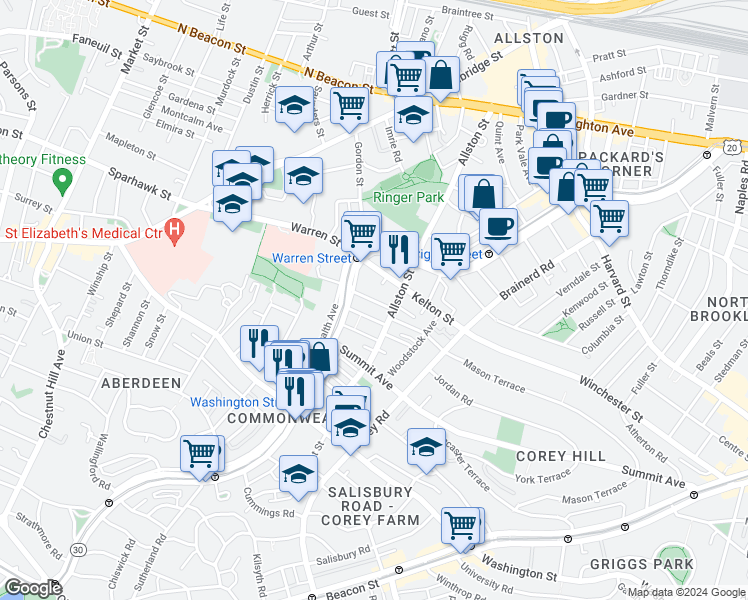 map of restaurants, bars, coffee shops, grocery stores, and more near in Boston